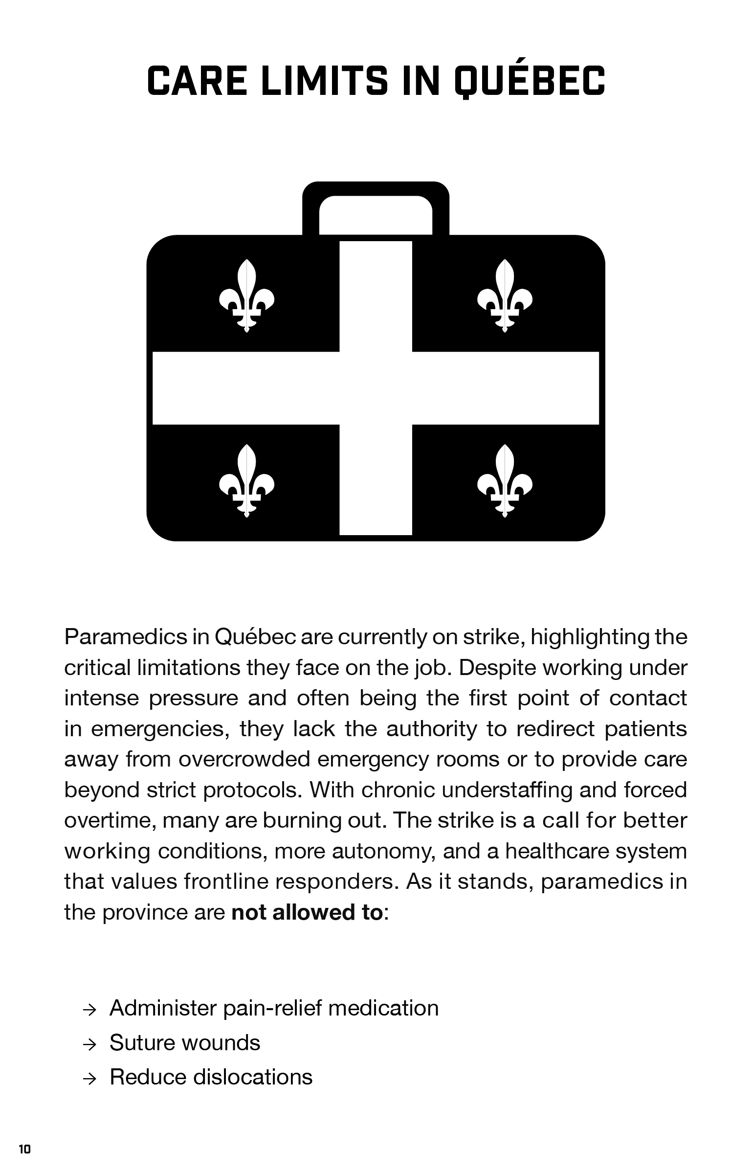 Illustration of a case with the Quebec flag, list of legal limitations of paramedics in the province.