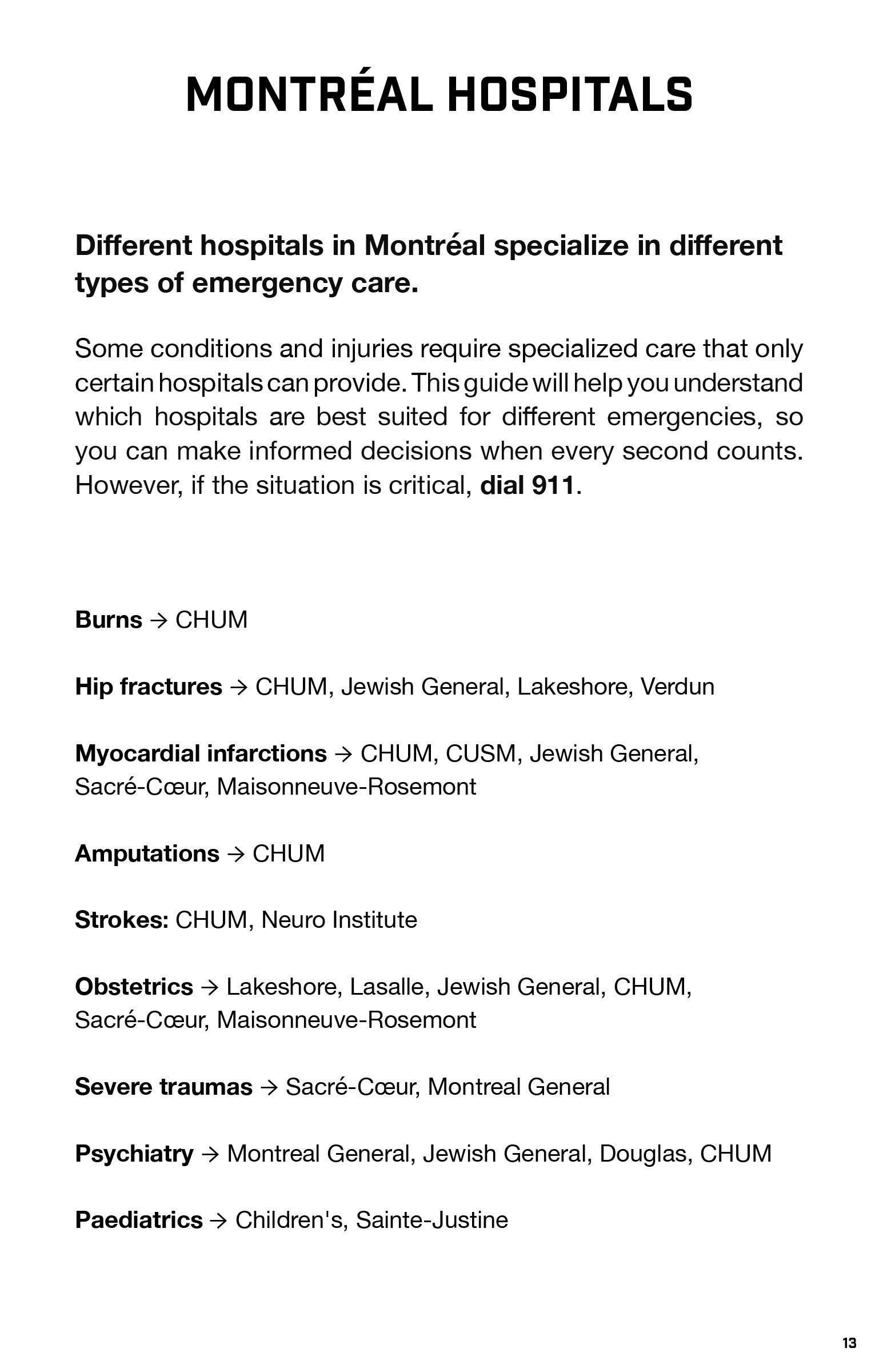 List of the main Montreal hospitals and their specialties.