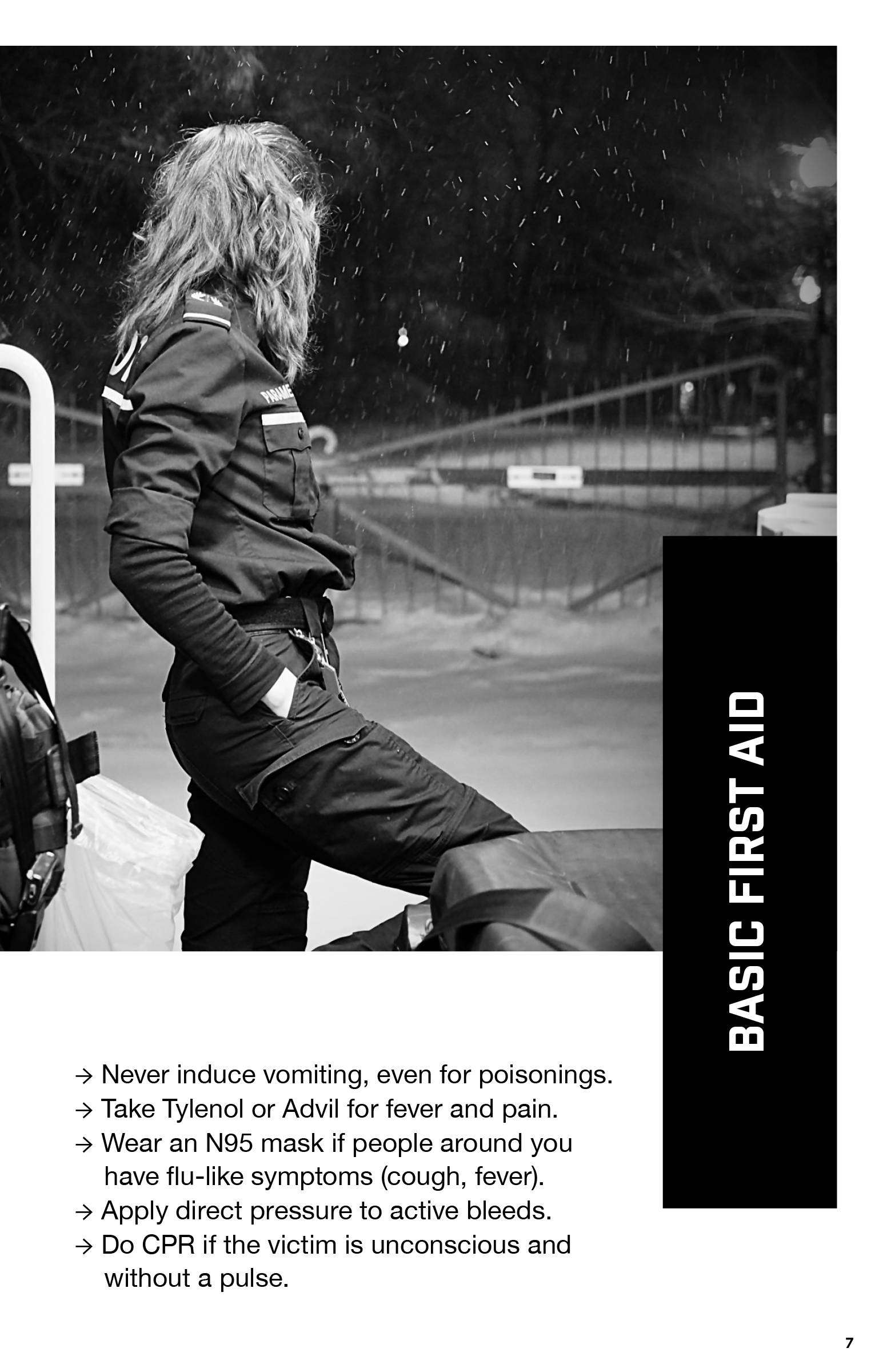 Basic first aid tips and night photo of girl in uniform standing at the back of an ambulance.