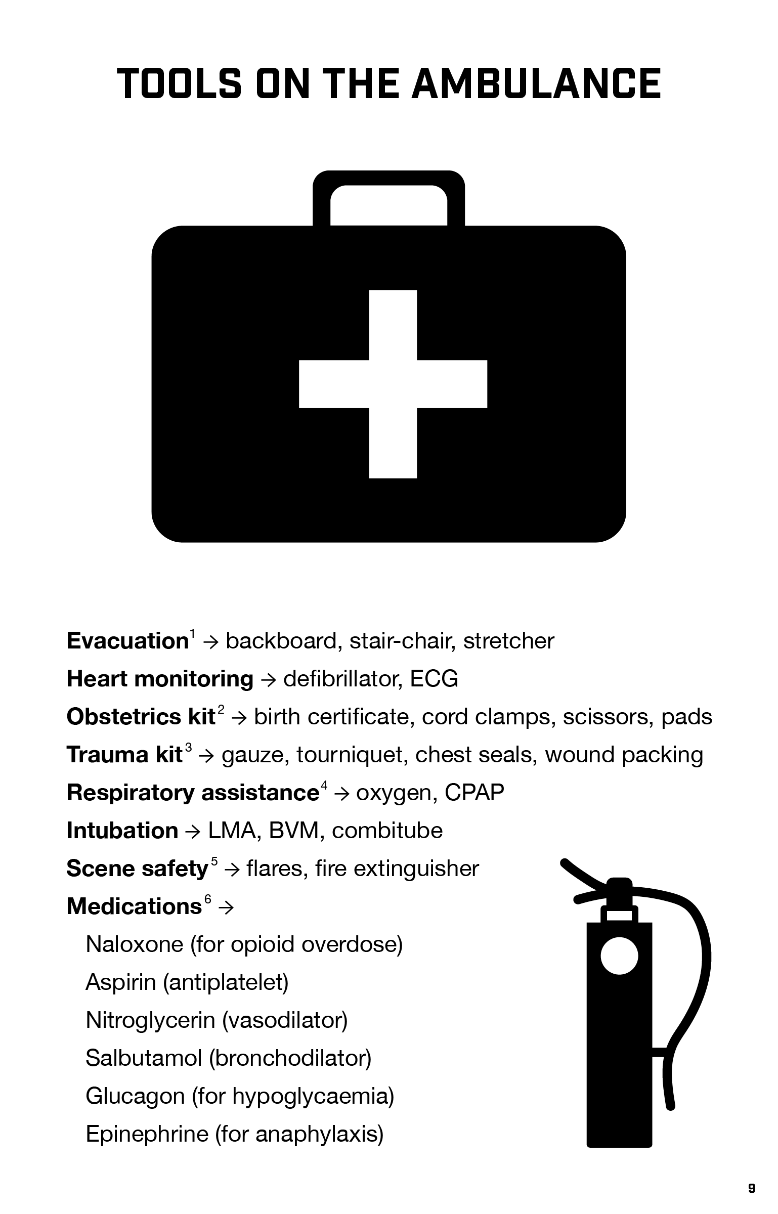 List of tools on the ambulance, featuring an illustration of a first aid case with a medical cross on it.