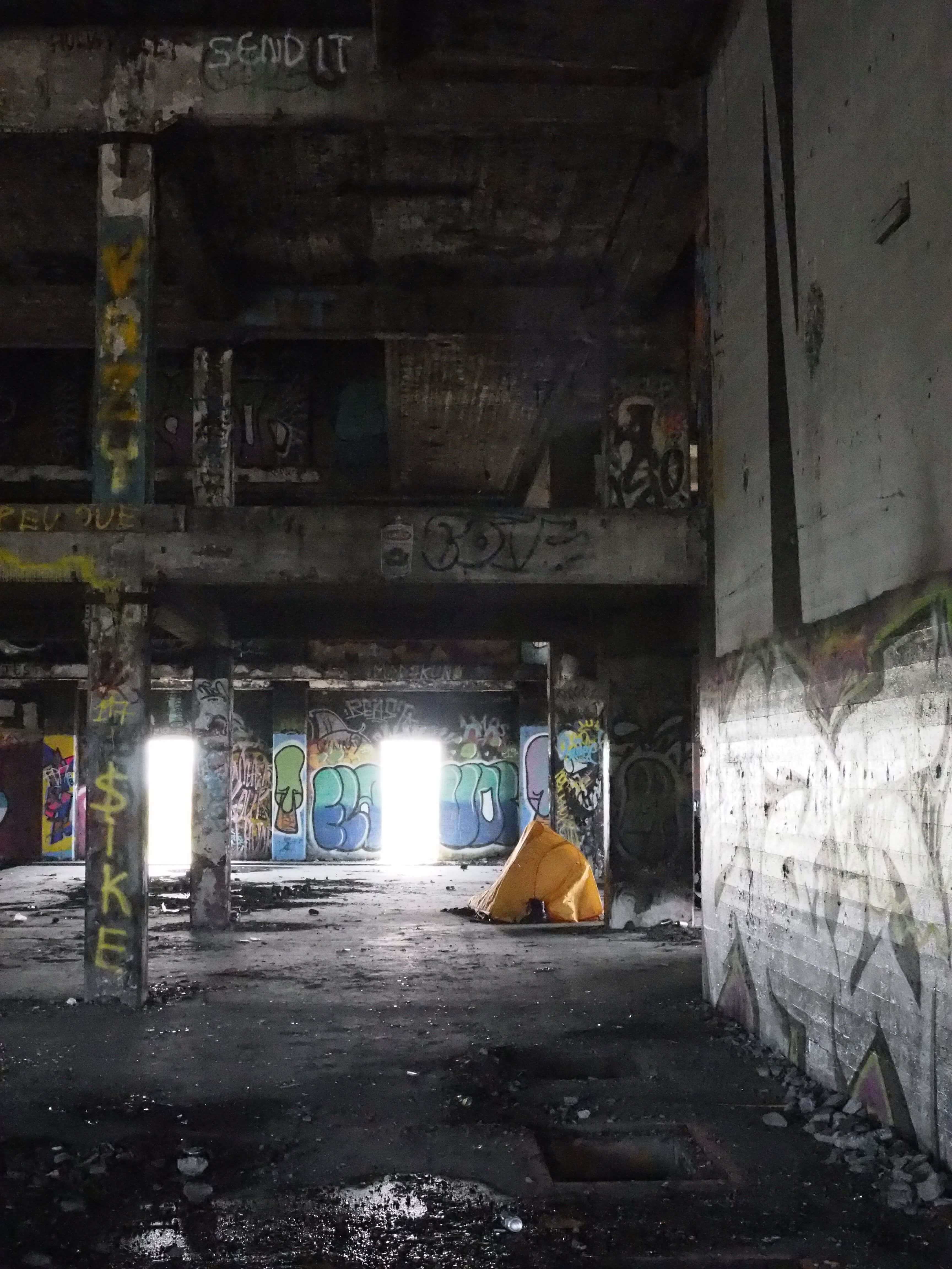 camping tent in abandoned military fort