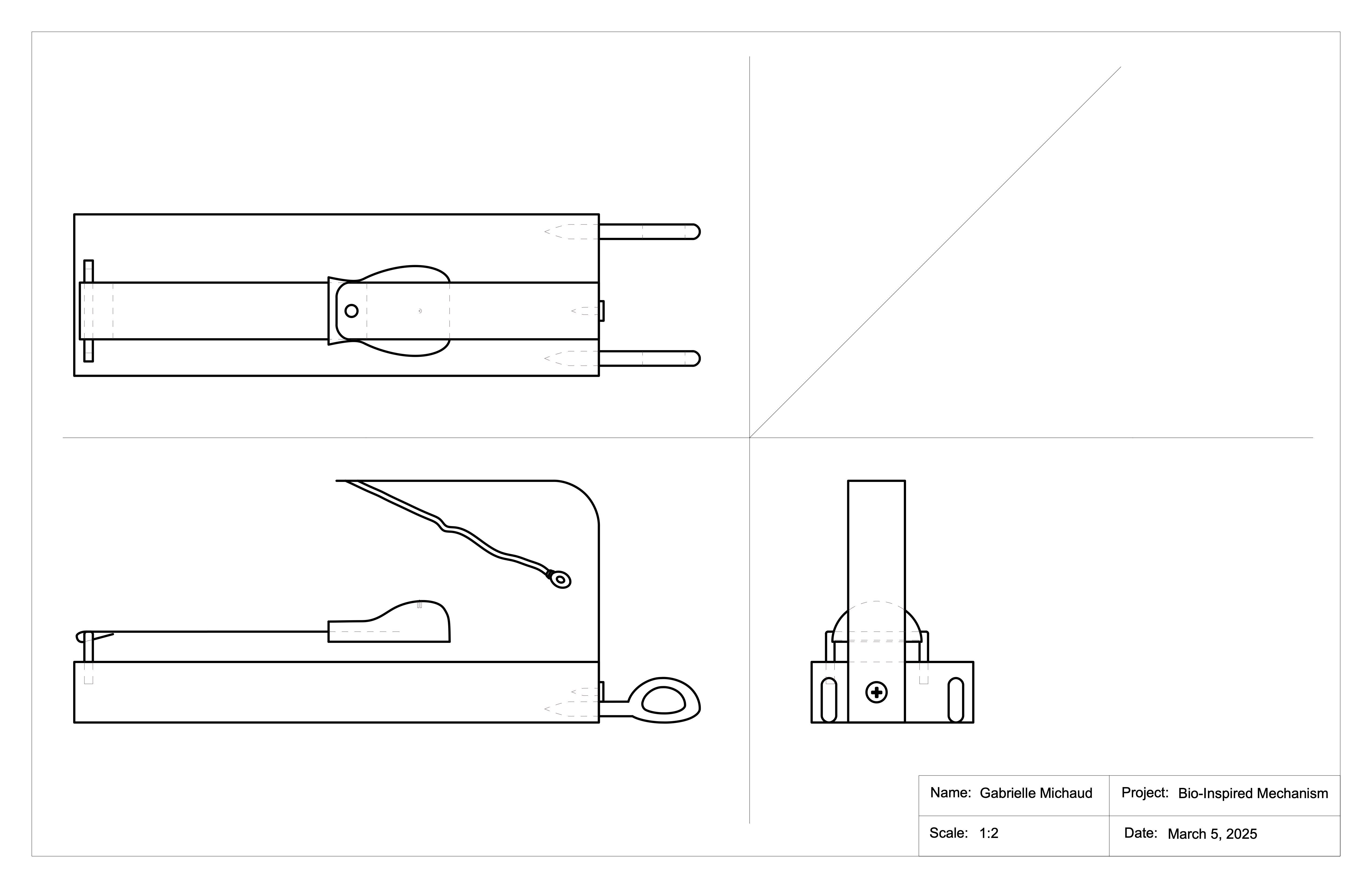 Technical drawing of a mantis shrimp-inspired impact mechanism with claw and spring prototype.
